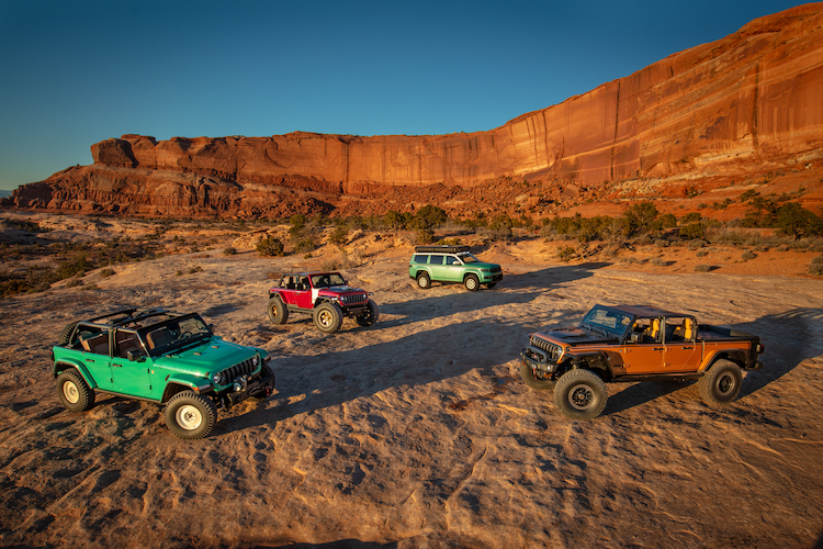 2024 Easter Jeep Safari Concepts (clockwise, left to right): Jeep® Willys Dispatcher Concept, Jeep® Low Down Concept, Jeep® Vacationeer Concept, Jeep® Gladiator Rubicon High Top Concept